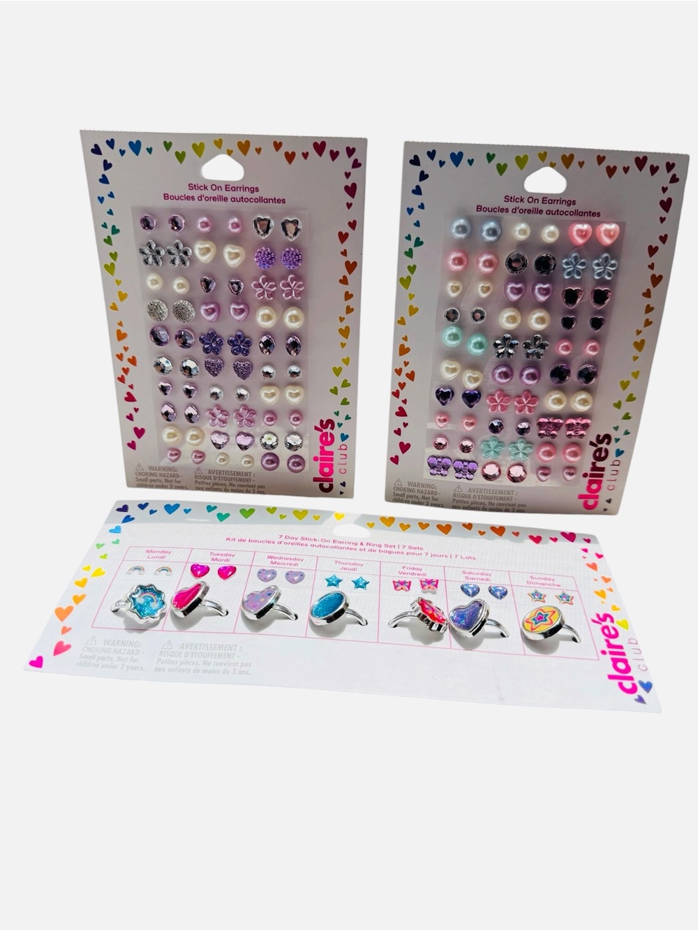 NWT Claire's Stick-On Earring & Ring Kit — Pink, Purple, White, Blue, Teal